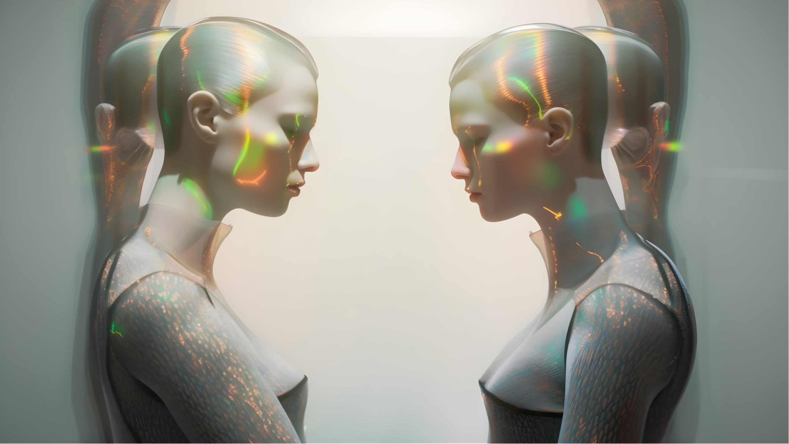 Photo realistic image: two pale robot-human‑esque characters with their heads bowed stand opposite each other. They are lit by multiple iridescent green and orange streaks of light. 