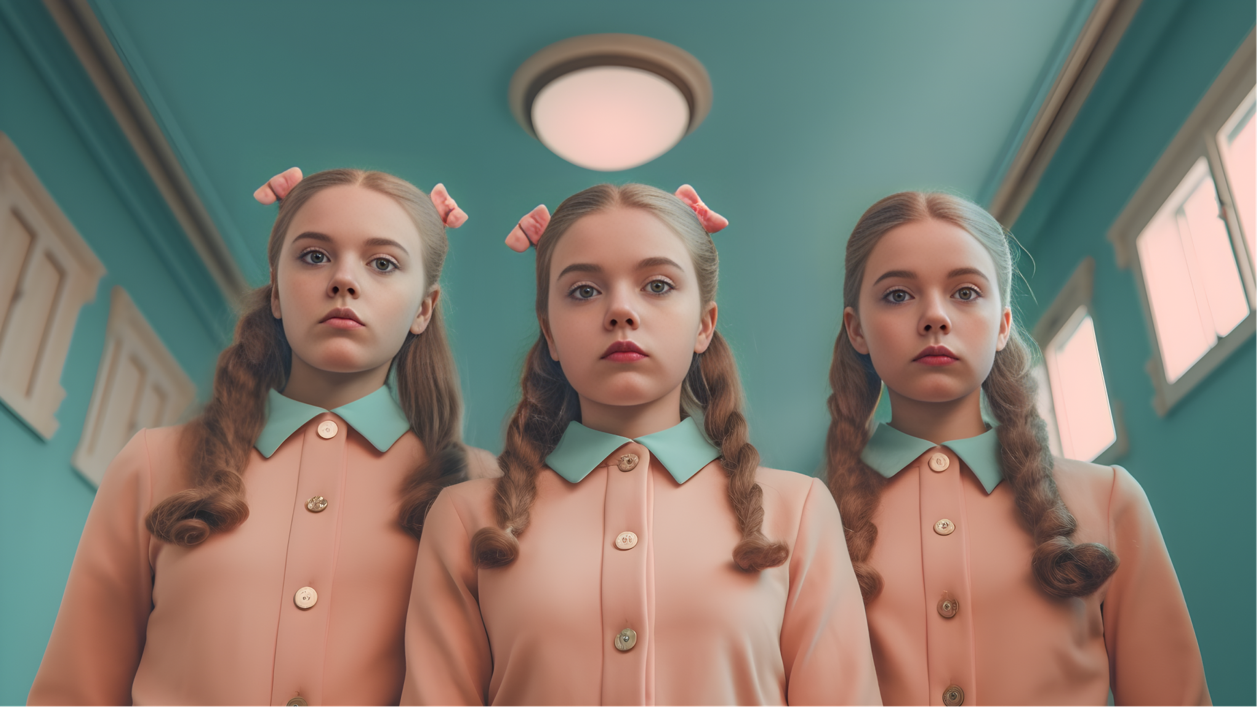 Photo realistic image: In a blue room, three hyper-realistic young girls stare down, from above, giving the illusion of triplets - in the style of Wes Anderson. Each is dressed in a pink button up shirt with a blue collar, they have braided pigtails. Whilst they look triplet-esque, each girl is slightly different. 