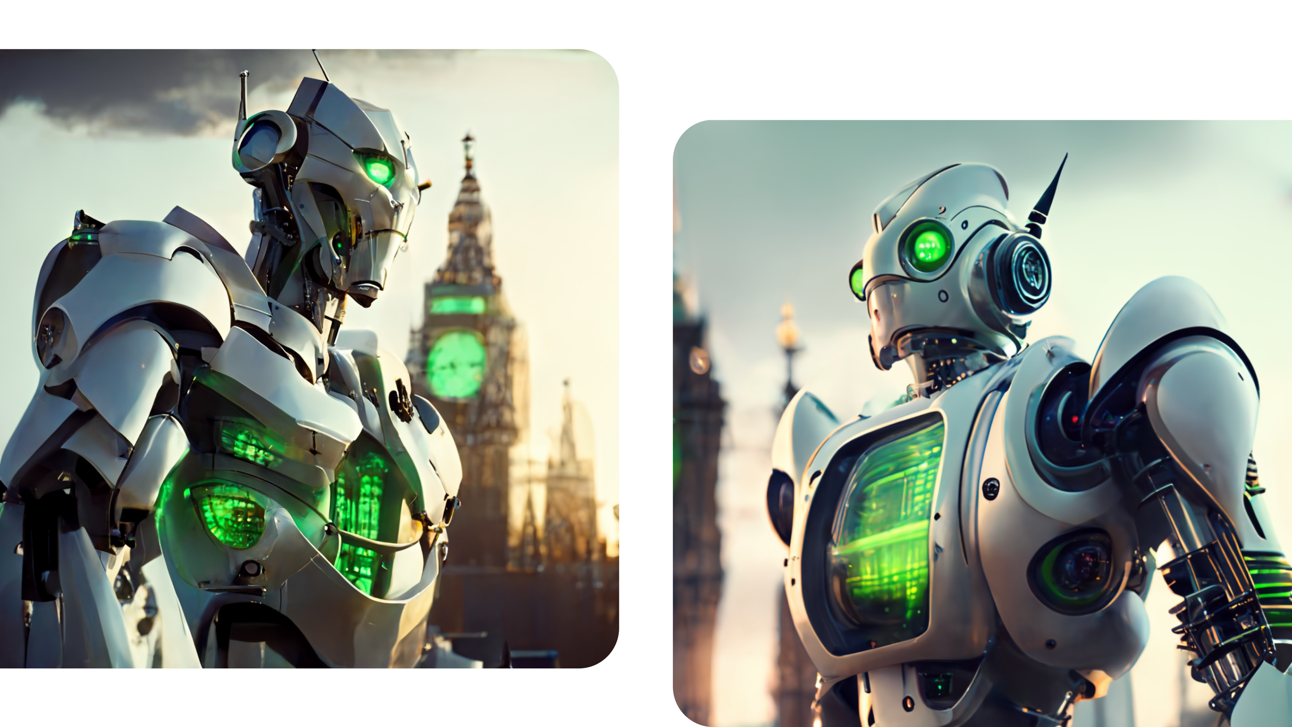 portrait of two sleek futuristic robots with a white exterior and green LED details, Big Ben in the background. Futuristic city, bright lights.